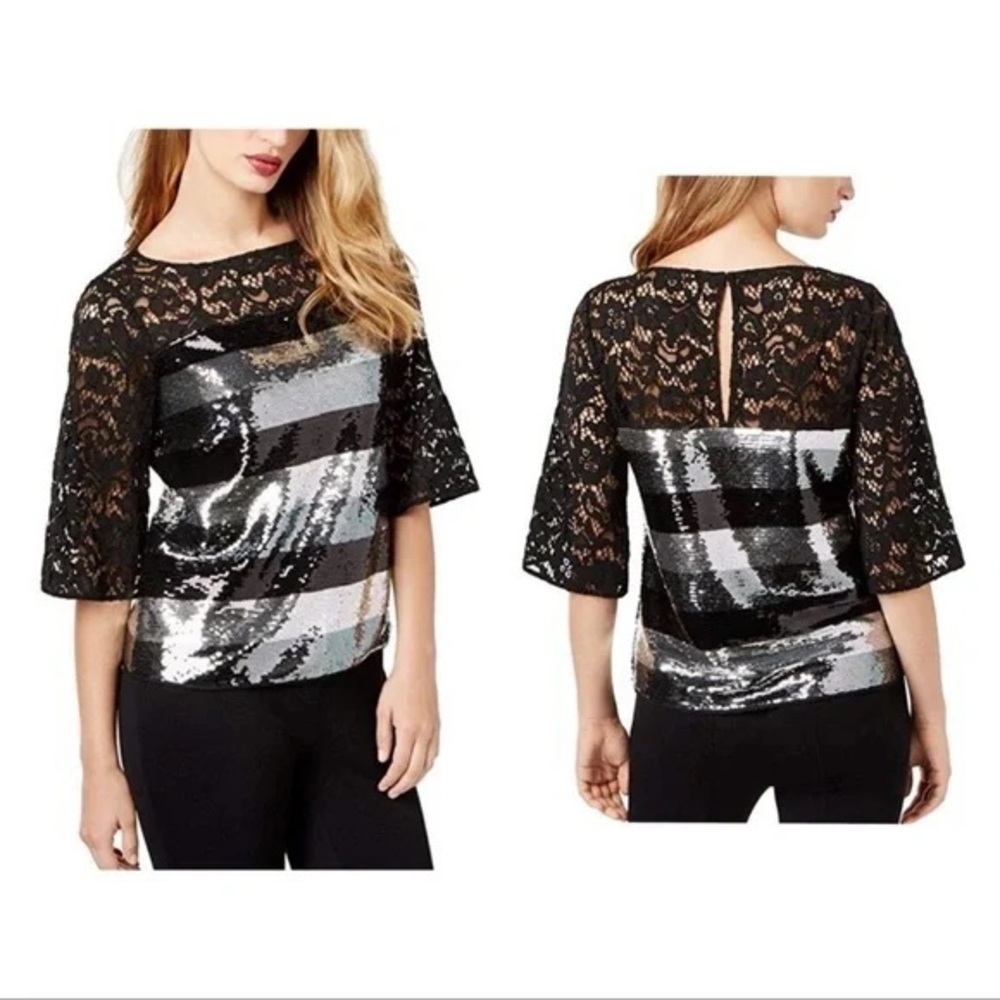 SB Sachin Babi Lace sleeve sequin striped blouse evening top size XS